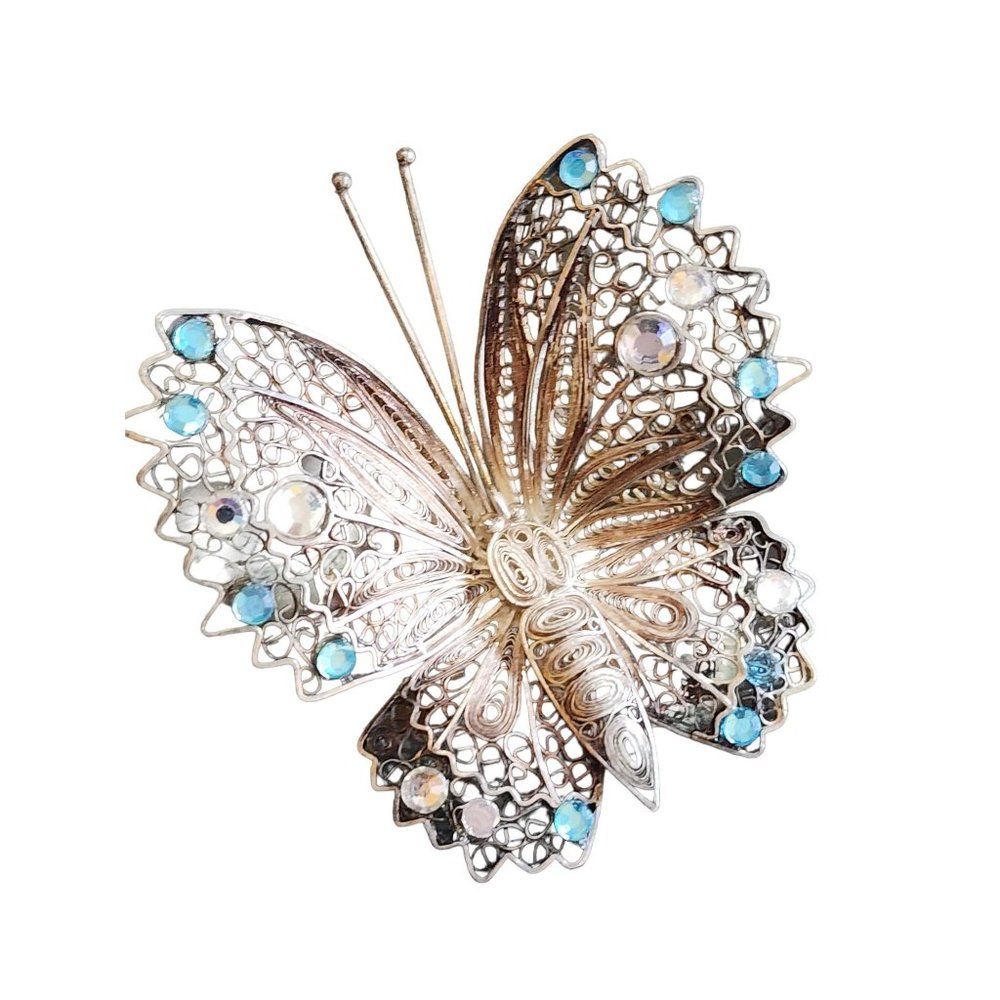 Vintage 925 Sterling Filigree Rhinestone Butterfly Brooch (A1703)